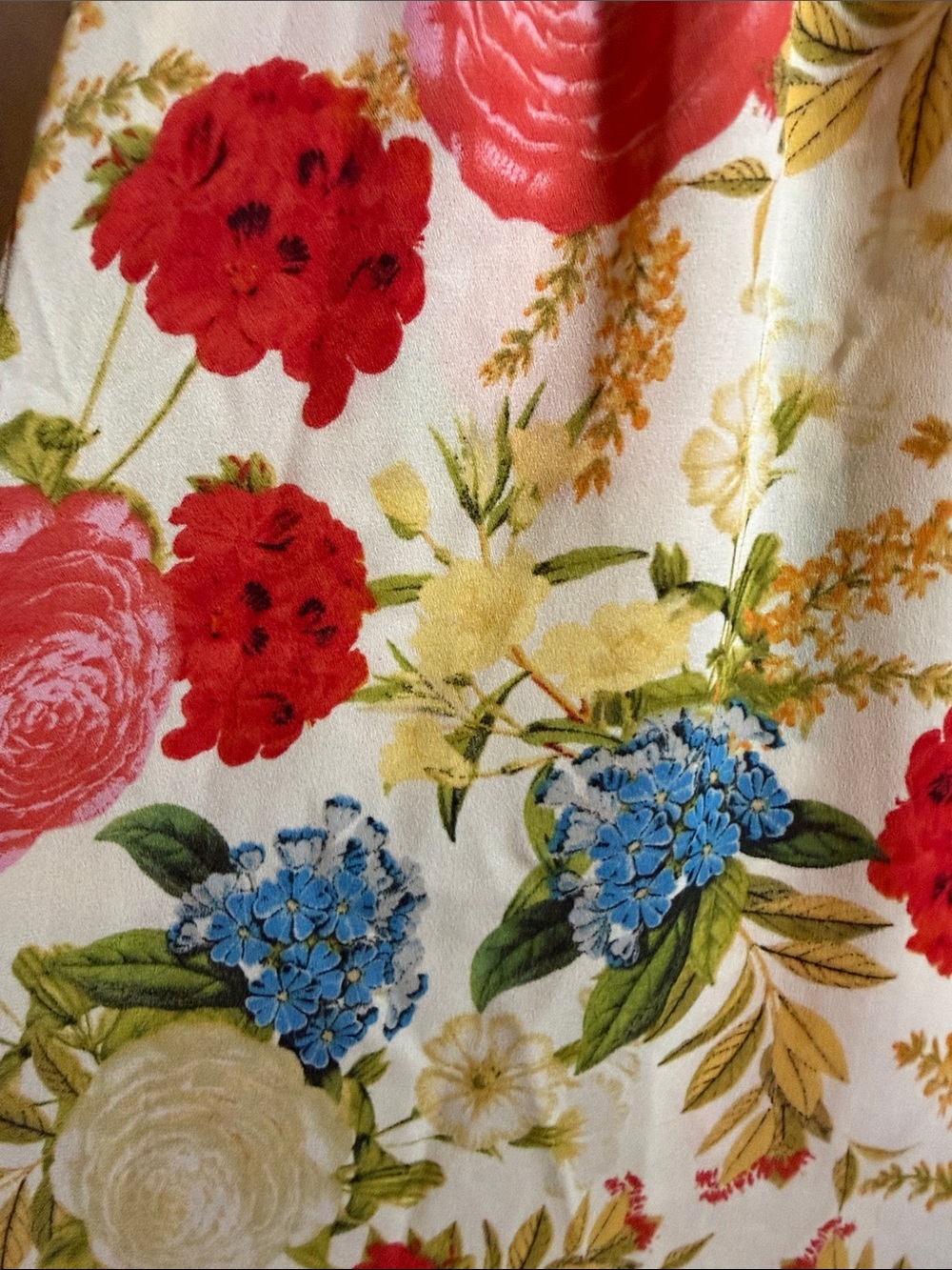 Rose & Olive Cream Floral Ruffle-Trim Tunic with Red, Blue & Yellow Blooms - Picture 4 of 9